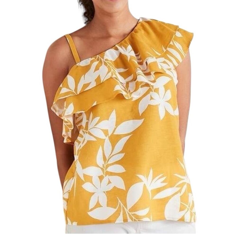 Old Navy Golden Yellow White Floral Ruffle-Tiered One-Shoulder Linen Blend Top